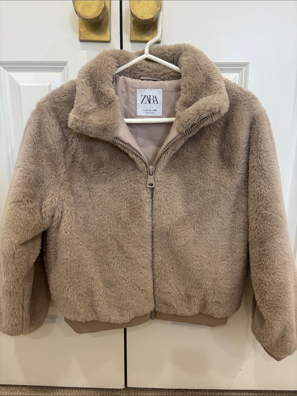 ZARA Kids Plush Puffer Jacket in Light Taupe